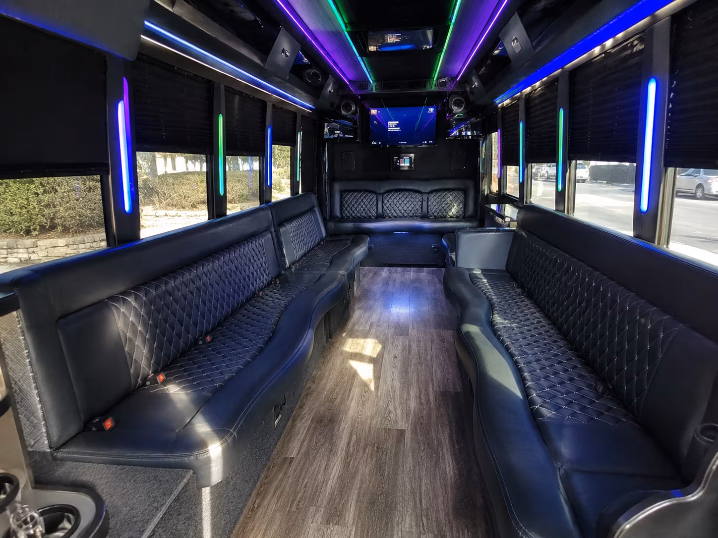 Interior of a party bus rental serving Anchorage